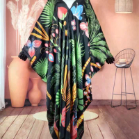 Kuwait Traditional V-neck European Printed Silk Kaftan Maxi dress Full Length dashiki African women's Party Boubou dress