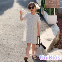 【UniKids】中大童裝短袖條紋洋裝 女大童裝 VWHT199(條紋)