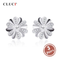 CLUCI 3 pair Authentic 925 Sterling Silver Women Flower Pearl Ring Mounting for Wedding Sterling Silver Zircon Earrings SE150SB