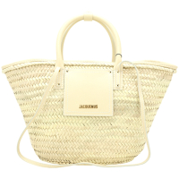 JACQUEMUS Le panier Soli 小牛皮棕櫚葉手提/肩背草編包(米黃)