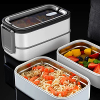 1 Set 304 Stainless Steel Lunch Box Microwave Portable Mesh Bento Box Two Compartments Lunch Box Food Storage Container