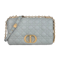 【Dior 迪奧】DIOR Caro復古鍍金LOGO藤格紋設計霧面小牛皮旋扣式鏈帶斜背包(大/石灰)