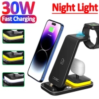30W 3 In 1 Wireless Charger Stand Pad with Light For iPhone 14 13 12 X Apple Watch Airpods pro Phone Fast Charging Dock Station
