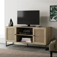 Modern TV Stand, Entertainment Cabinet, Media Console with a Natural Oak Wood Finish and Matte Black Accents with Storage Doors