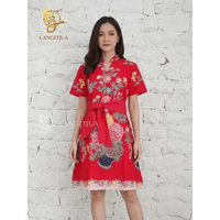 DRESS BATIK MIDI WARNA MERAH FREE OBI | OUTFIT KONDANGAN WANITA MODERN M Model 3