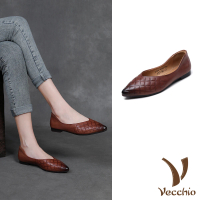 【Vecchio】真皮跟鞋 低跟跟鞋/真皮頭層牛皮尖頭V口格子壓紋軟底低跟鞋(棕)