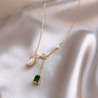 新款潮祖母綠寶石珍珠吊墜項鏈優雅鎖骨鏈ins法式網紅頸鏈女