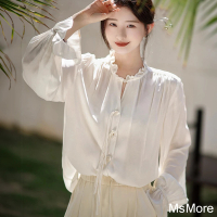 【MsMore】安吉拉絲質國風襯衫白色短版上衣#121212(白)