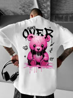 Cartoon Bear Print T-Shirt, Street Style Crew Neck T-Shirt, Breathable Polyester, Loose Drop Shoulde