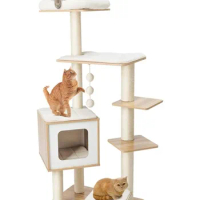 Arlopu 55” Tall Modern Cat Tree Tower for Indoor Cats, Wooden Cat Climbing Stand Furniture, 6 Level Platform Cat Activities Cond