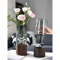 玻璃花瓶水養鮮花乾燥花馬醉木插花器擺件客廳桌面樣板間裝飾 輕奢北歐風 日式花瓶 花器 實木底座 高顏值 深灰色