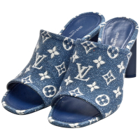 LV 1AD49U經典Monogram花紋牛仔丹寧粗跟涼鞋(展示品-藍色)