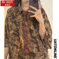 Kemeja Bunga Saiz Lebih Besar, Gaya Retro Amerika, Longgar, untuk Lelaki dan Wanita, Cetakan Daun Ma