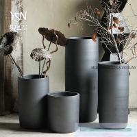 現代黑色裝飾綠植特大口擺件客廳插花花瓶北歐簡約陶瓷花盆