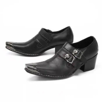 Metal Toe Black Leather Men Shoes Double Buckle Strap Block Heels Slip On Men Business Work Office Party Dress Shoe Size 48