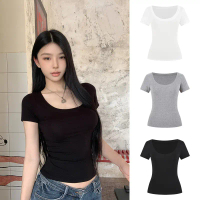เสื้อยืดคอเหลี่ยม แขนสั้น ไหล่ปกติ สำหรับผู้หญิง คอ U ขนาดใหญ่ ทรงสลิมฟิต เสื้อฐาน เสื้อ baby tee ma