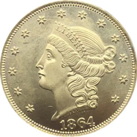 United States America Liberty Head Double Eagle US 1864 1864 S Twenty Dollars No Motto Gold Coins Brass Metal Copy Coins