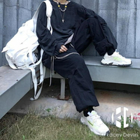 書包女街頭戶外多功能雙肩包白色帆布飄帶大容量運動包工裝背包【聚物優品】