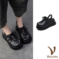 【Vecchio】真皮涼鞋 厚底涼鞋/真皮頭層牛皮復古繫帶包頭鬆糕厚底涼鞋(黑)