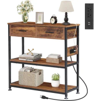 Console Table with 2 Drawers, Entryway Table with Outlets and USB Ports, 3 Tier Sofa Table Narrow Long with Storage Shelves