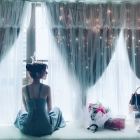 藍色公主風窗簾遮光兒童房女孩網紅帶紗臥室抖音雙層夢幻星空網紗