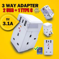 13A 3 Way Adapter Adaptor Plug with 2 UBS port and 1 Type C Charger Port 5V 3.1A (Sirim Approved)