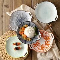 日式創意雙耳盤淺圓盤陶瓷盤子家用菜盤沙拉盤西餐盤壽司盤餐盤