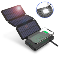 Folding Solar Power Bank 20000mA with 3 Solar Panel Qi Wireless Charger Powerbank Camping Light for iPhone Samsung Huawei Xiaomi