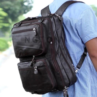 Multi-Function Genuine Leather Men's Backpack Leather Travel Backpack large School Backpack Big rucksack Tote Shoulder Bag Brown