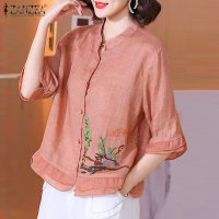 ZANZEA เสื้อปักชุดลำลองย้อนยุคเสื้อผู้หญิงแขน34คอตั้งติดกระดุม #8