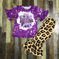 Children's festive clothes He is Risen girls purple cross short sleeve top leopard print bell-bottom suit 11