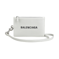 BALENCIAGA 巴黎世家 字母LOGO小牛皮拉鍊掛繩零錢卡片包(白)