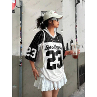 ฤดูร้อนใหม่Los Angeles 23 พิมพ์เสื้อยืดผู้หญิงVคอแขนสั้นตาข่ายกีฬาเสื้อฟุตบอลY2Kหลวมขนาดใหญ่เสื้อ