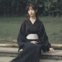 Traditional Japanese Kimono Samurai Clothing Women Men Black Kimono Dress Loose Plus Size Spa Sauna Bathrobe Yuakata With Belt