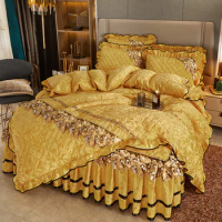 European Wedding Bedding Set Quilted Embroidery Velvet Flannel Quilt Cover Gold Lace Ruffles Bed Skirt Bedspread Pillow Shams