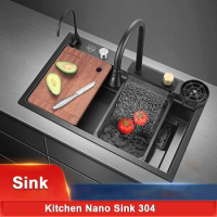 SUS304 Stainless Steel Nano Kitchen Sink Household Bowl Basin Sink Washbasin Rainwater Waterfall Faucet Free Gift