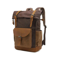 Vintage Canvas Backpack Men's Canvas Leather Hiking Travel Backpack Rucksack School Bag