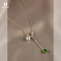 輕奢大氣祖母綠寶石珍珠吊墜項鏈顯瘦鎖骨鏈法式潮人網紅頸鏈