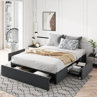 Bed Frame, Platform Bed Frame with 3 Storage Drawers, Fabric Upholstered, Wooden Slats Support