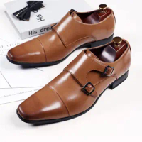 2023 Luxury Men Shoes Square head Monk Strap Oxford Shoes for Men Wedding Business Formal Suit Mens Dress Shoes Black Brown
