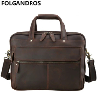 Men Cow Leather Briefcases 15.6" Laptop Bags Versatile Vintage Genuine Leather Business Tote Bag On Trolley Case Large Handbag