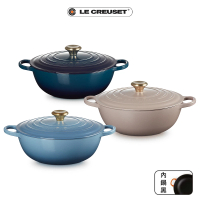 【Le Creuset】典藏琺瑯鑄鐵鍋媽咪鍋28cm(焦糖奶茶-淡金頭-內鍋黑)