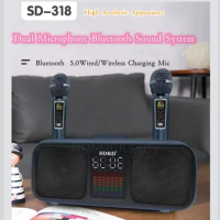 SD-318 Portable 2-in-1 Dual Microphone Singing Bluetooth Speaker Wireless Karaoke Stereo Subwoofer Outdoor 30W SDRD Speaker Set
