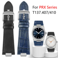 Genuine Leather Watch Band For Tissot PRX Series T137.407/410 Super Player Men Cowhide Steel End Link Bracelet Strap 26*12mm