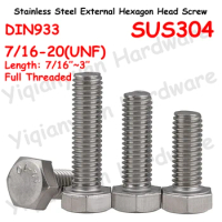 Yiqianyuan 7/16-20 UNF DIN933 Hexagon Head Screw SUS304 Stainless Steel External Hexagon Head Bolts Full Threaded Up To The Head