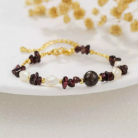 Garnet Pearl Bracelet Natural Stone Handmade Design B947 Freshwater Pearl & Gold Accent Elegant Jewe