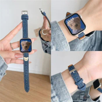 Cute Baby Bear Button Denim Slim Leather Watch Band For iWatch Series 8 7 6 5 4 3 SE Girl Strap For Apple Watch 41mm 40 44 45 49