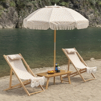 露營釣魚折疊躺椅子遮陽防曬流蘇沙灘傘戶外野營地櫸木折疊椅套裝 全館免運