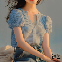 【初色】現貨 條紋泡泡袖立領短袖上衣女上衣襯衫開衫-淺藍色-34468(M-2XL可選/快速出貨)