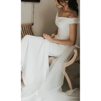 Off Shoulder Sheath Crepe Wedding Dress Simple Elegant Custom Made Plus Size Sweep Train Minimal Ivory Stretchy Bridal Gowns